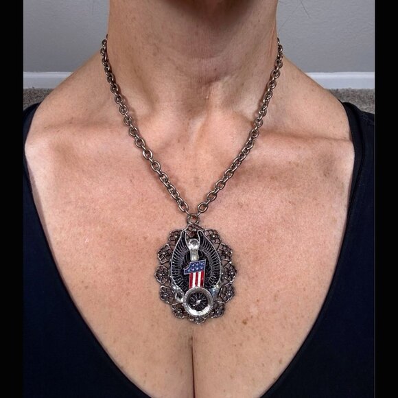 Classic Hardware Harley Davidson Victorious Winged #1 Necklace Choker Vintage 16 - Picture 4 of 7
